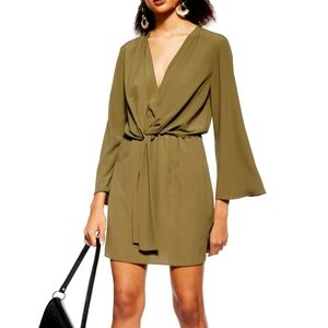 TOPSHOP Tiffany Olive Green Tie Front Mini Dress